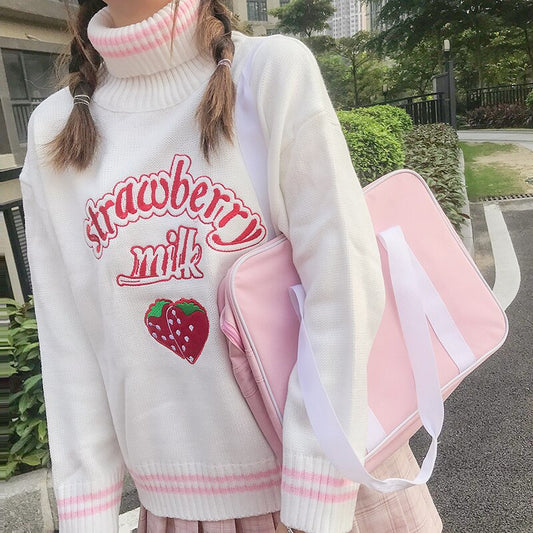 Cute Strawberry Embroidered Loose Sweater Women's Sweaters Japanese Kawaii Ulzzang Female Korean Harajuku Clothing For Women